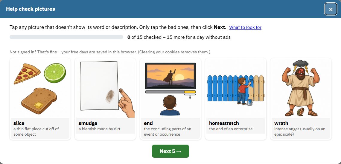 the picture helper showing five pictures to check