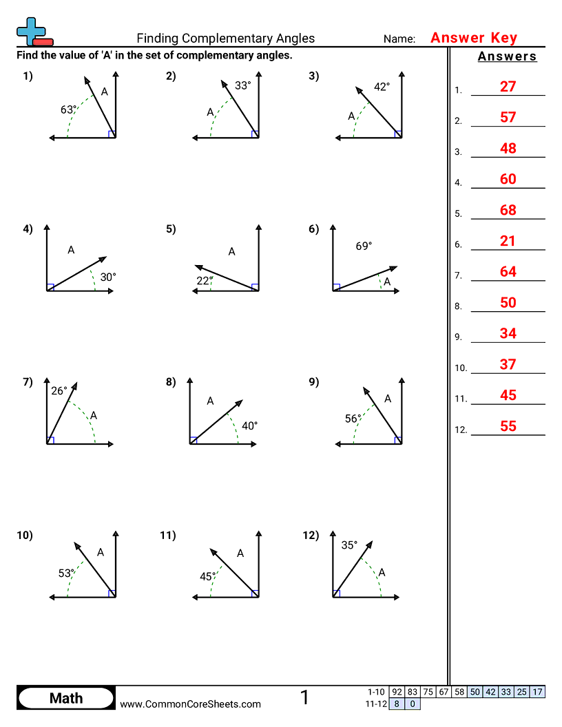 6.GM.3.1 Worksheets - finding-complementary-angles worksheet