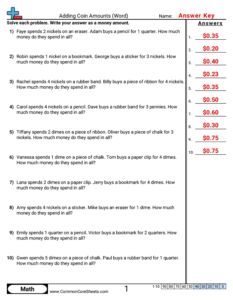 Money Worksheets - Adding Coin Amounts (Word Problems) worksheet