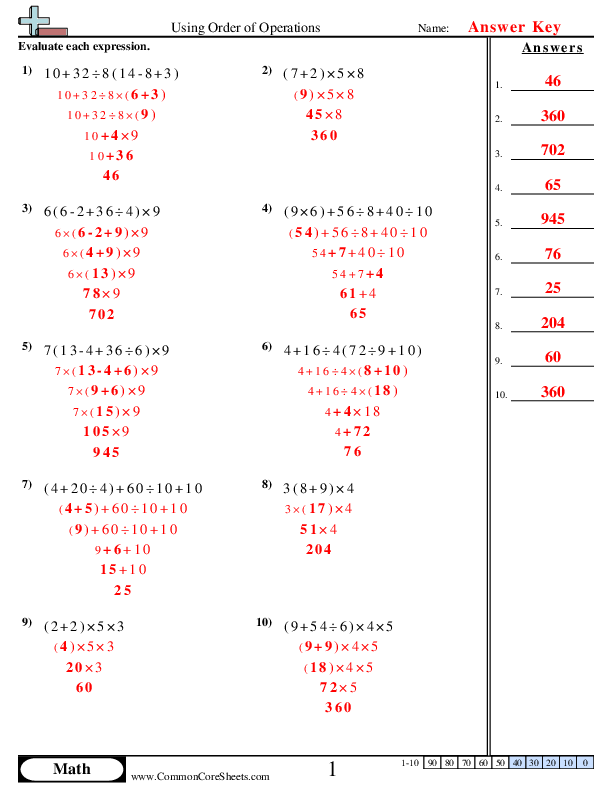 Order of Operations Worksheets