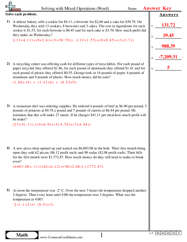  - solving-with-mixed-operations-word worksheet