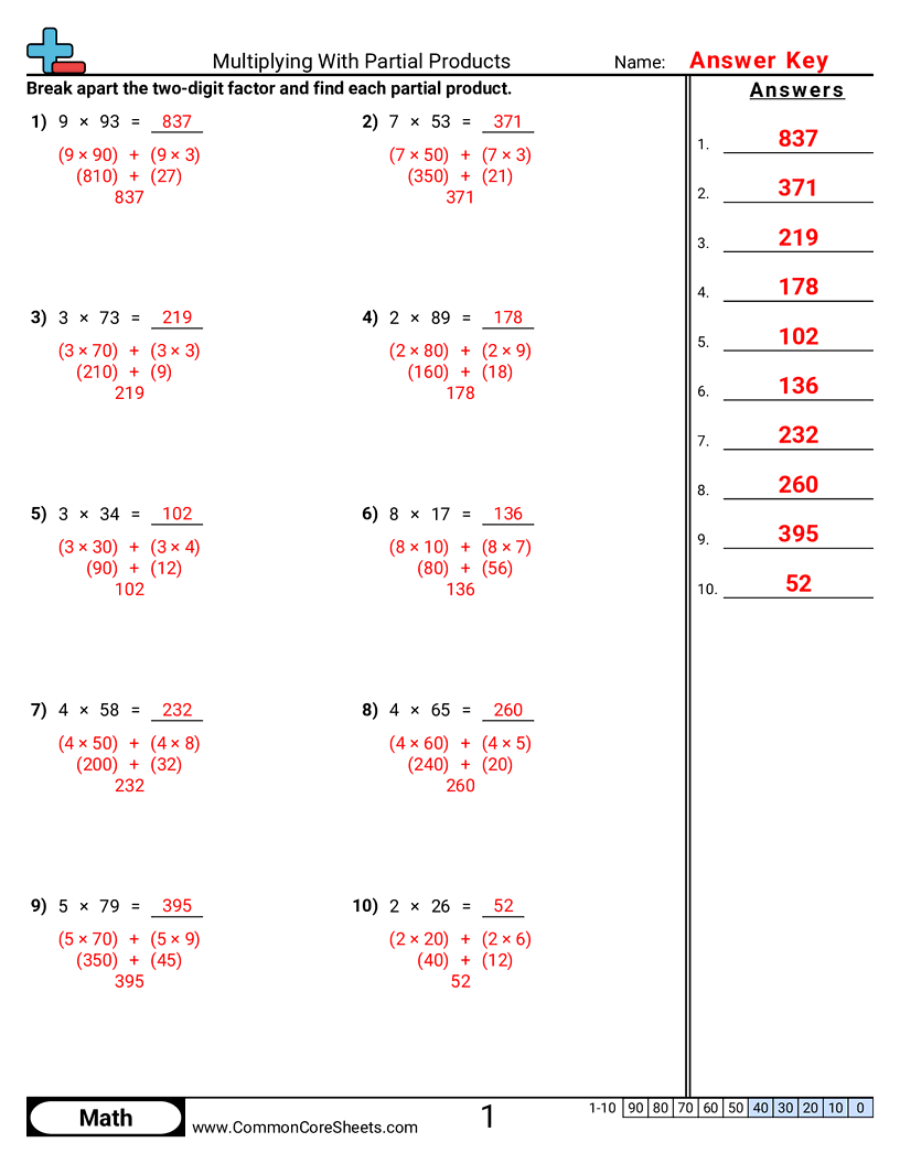OAS 3.N.2.8 Worksheets - Multiplying With Partial Products worksheet