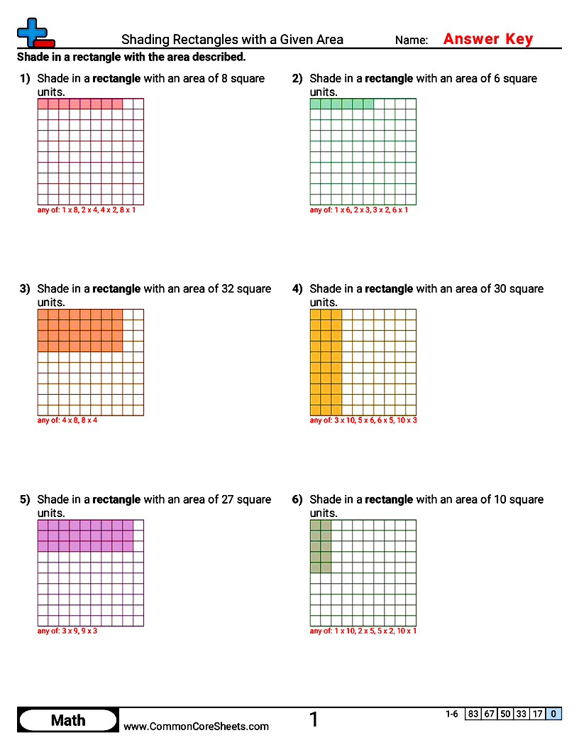 3rd Grade Area & Perimeter Worksheets - Shading Rectangles with a Given Area worksheet