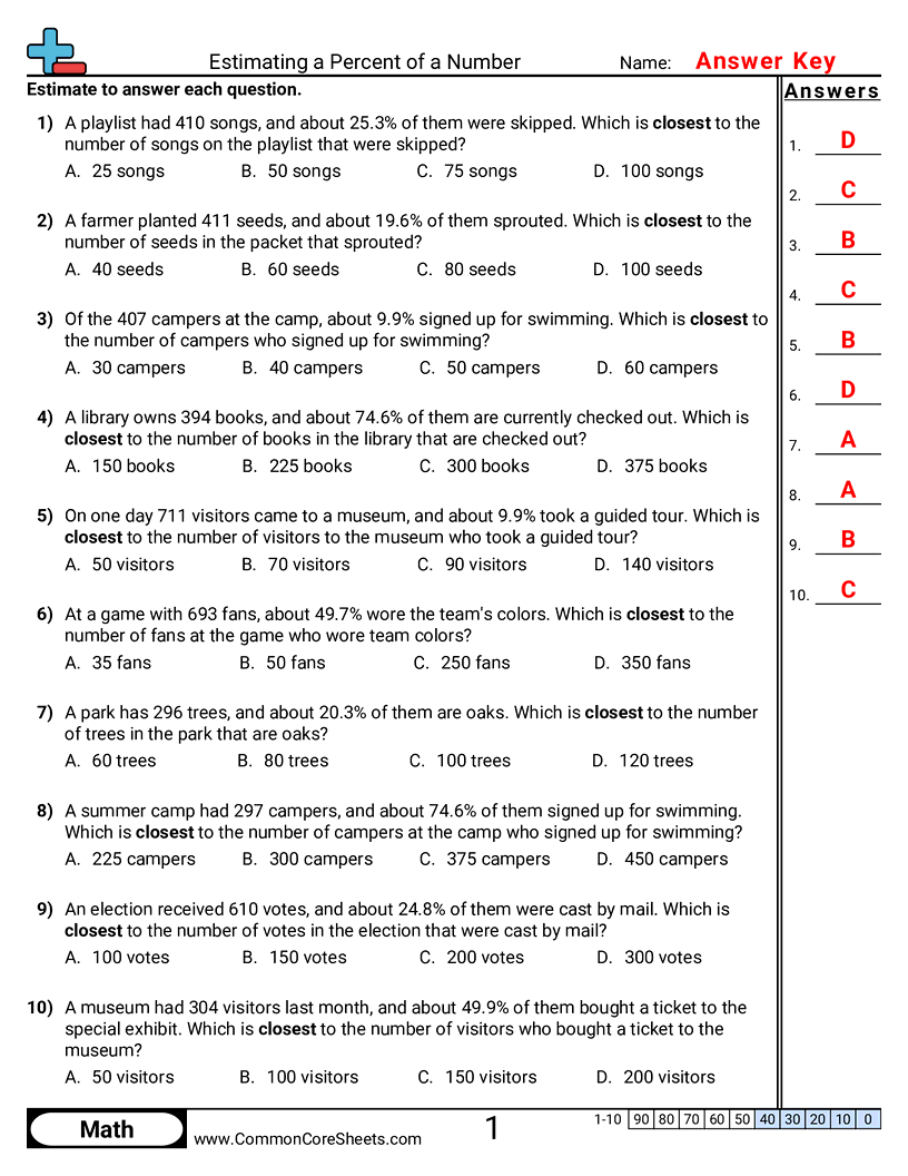 CCSS 6.RP.3C Worksheets - Estimating a Percent of a Number worksheet