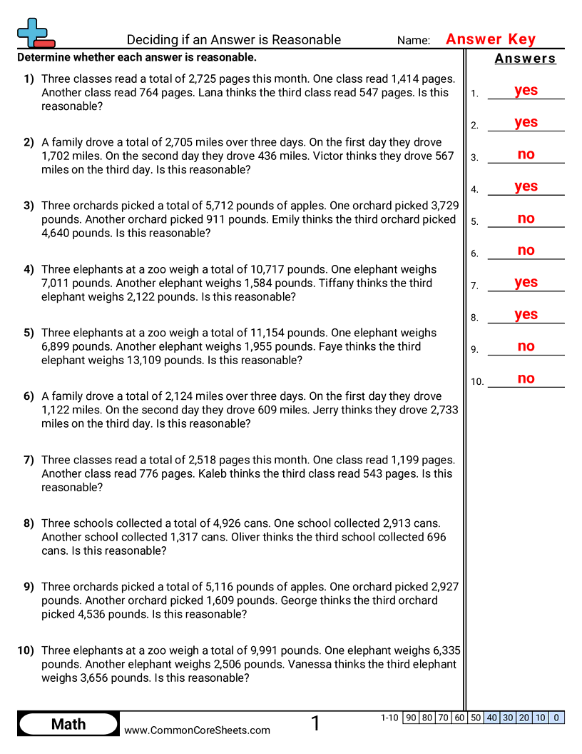 Deciding if an Answer is Reasonable worksheet preview