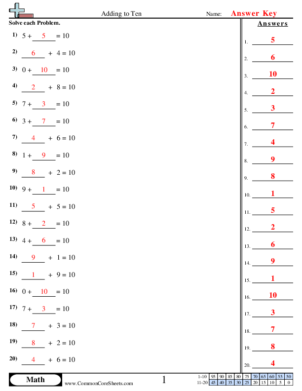  - adding-to-ten worksheet