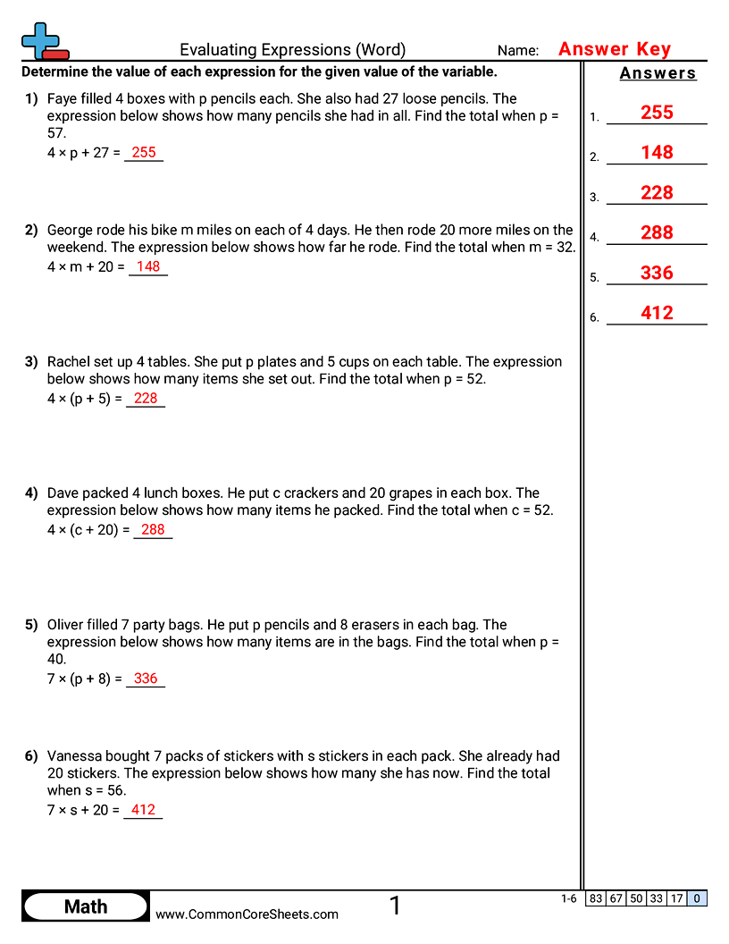 Evaluating Expressions (Word) worksheet preview