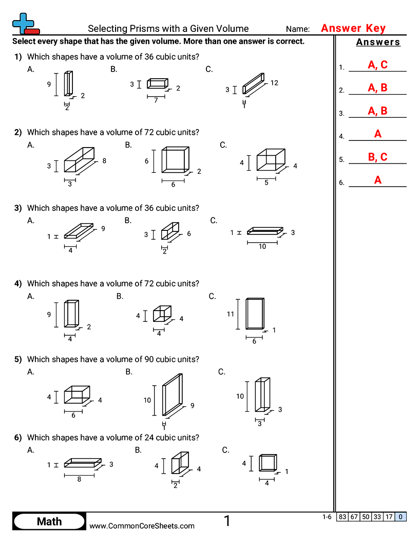 CCSS 5.MD.4 Worksheets - Selecting Prisms with a Given Volume worksheet