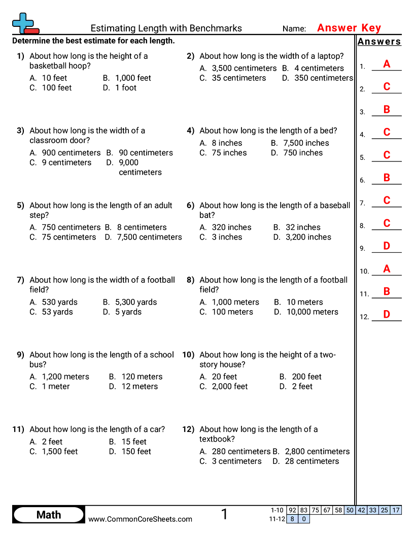 Measurement Worksheets - Estimating Length with Benchmarks worksheet