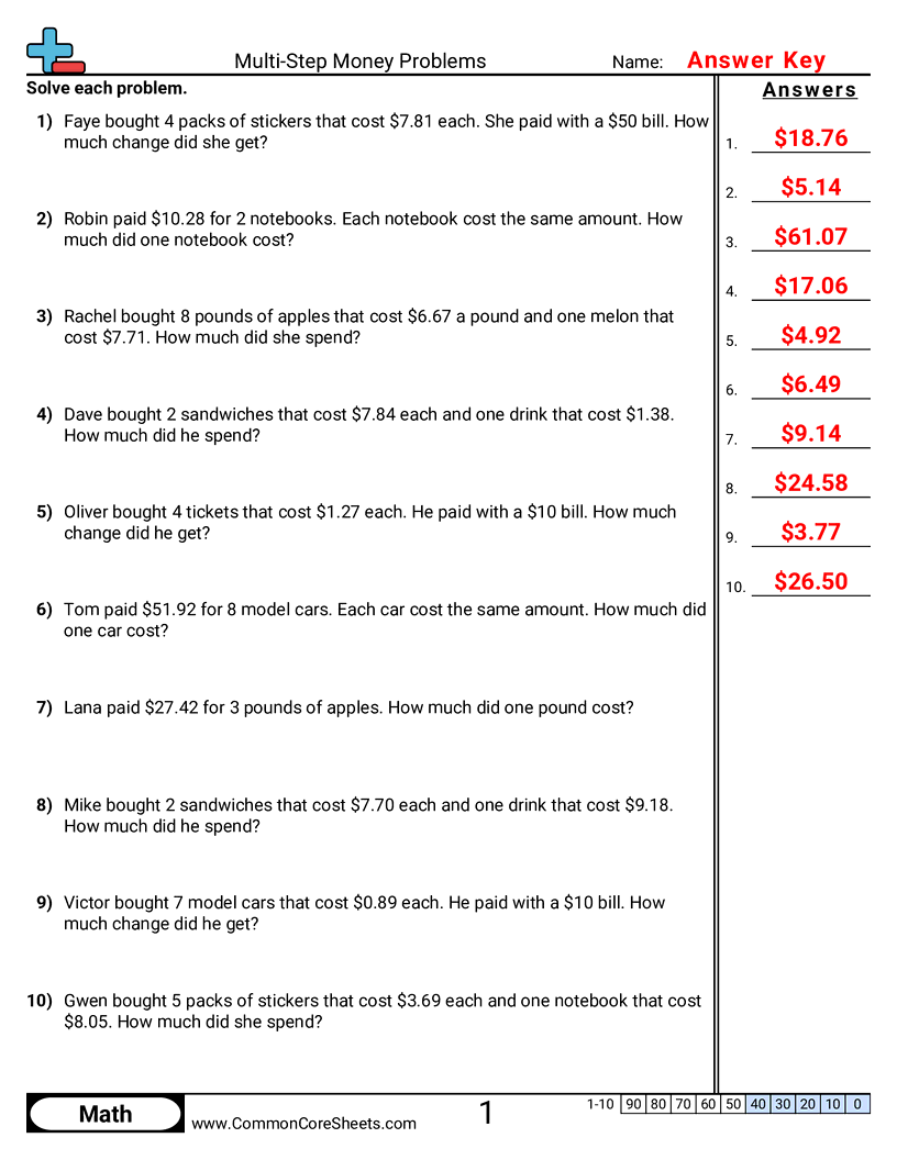 Two Step Problems Worksheets - Multi-Step Money Problems worksheet