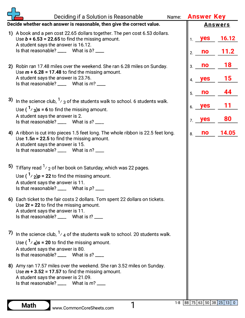 6th Grade Algebra Worksheets - Deciding if a Solution is Reasonable worksheet