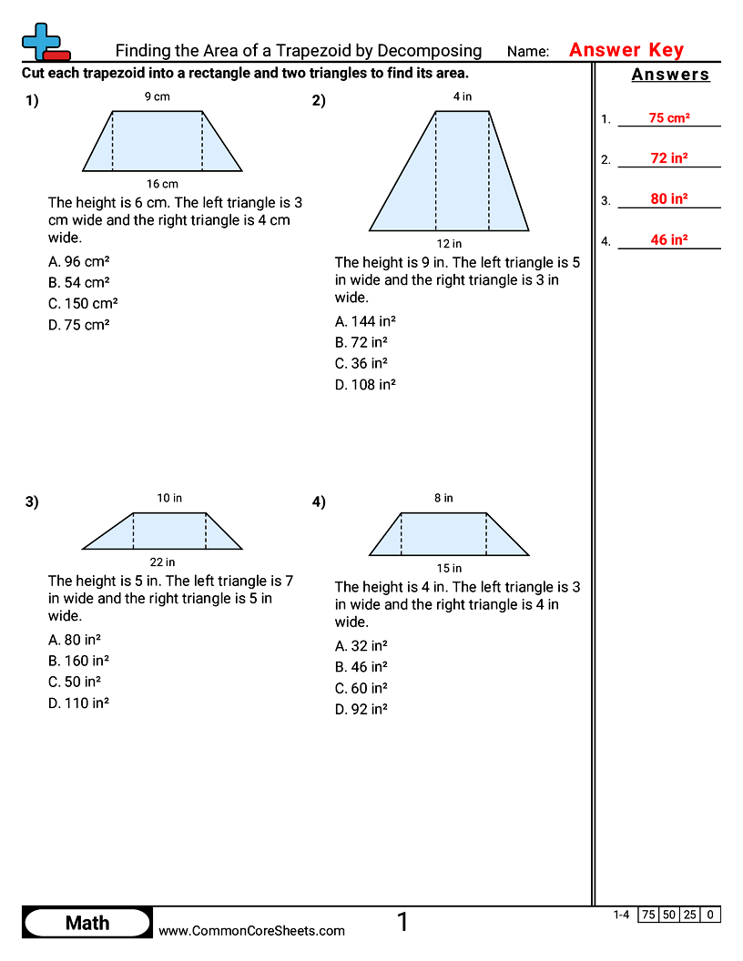 Finding the Area of a Trapezoid by Decomposing worksheet preview