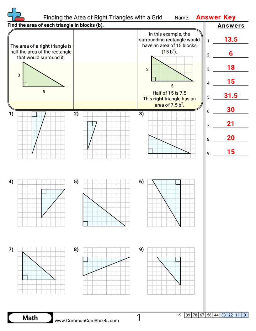 6.GM.2.2 Worksheets - finding-the-area-of-right-triangles-with-a-grid worksheet