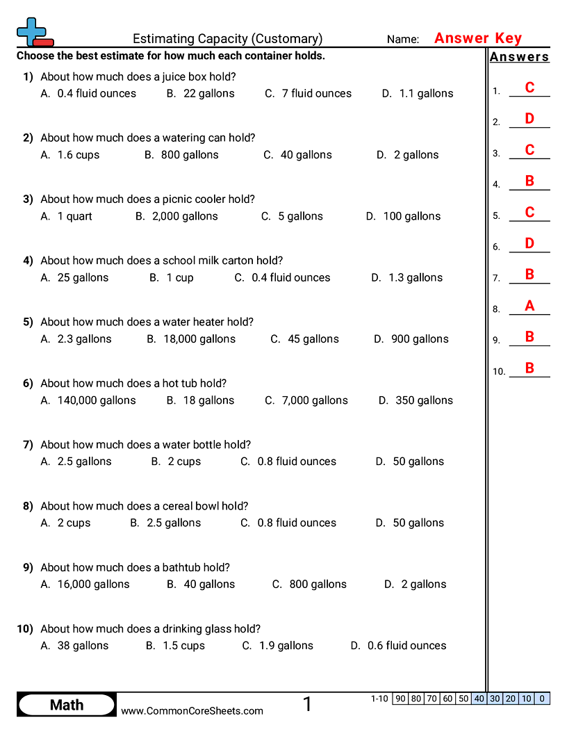 Estimating Capacity (Customary) worksheet preview
