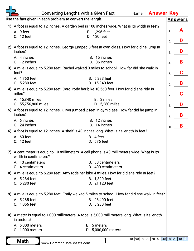 Measurement Worksheets - Converting Lengths with a Given Fact worksheet
