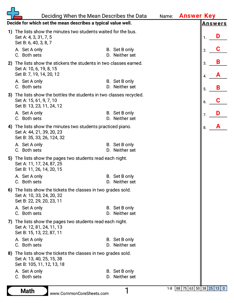 CCSS 6.SP.5D Worksheets - Deciding When the Mean Describes the Data worksheet