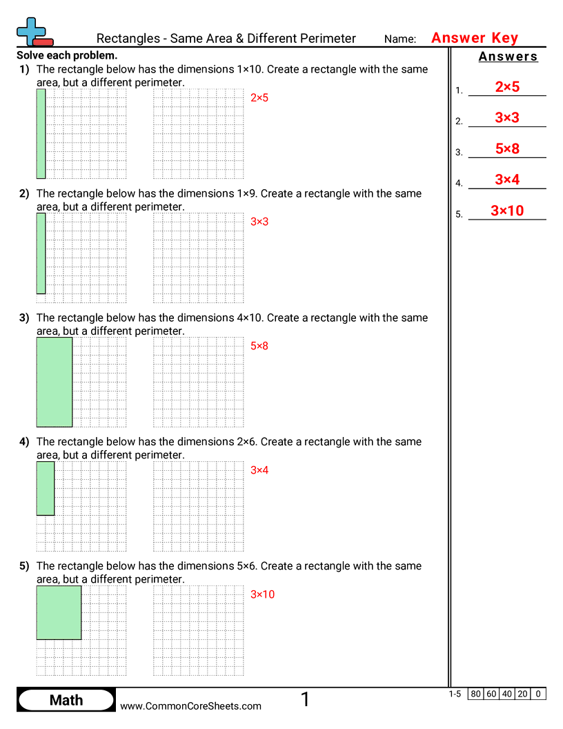 5.GM.2.2 Worksheets - rectangles-same-area-different-perimeter worksheet