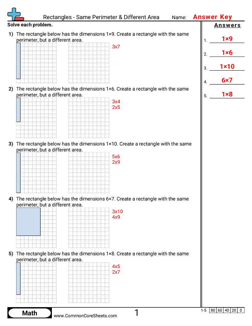 5.GM.2.2 Worksheets - rectangles-same-perimeter-different-area worksheet