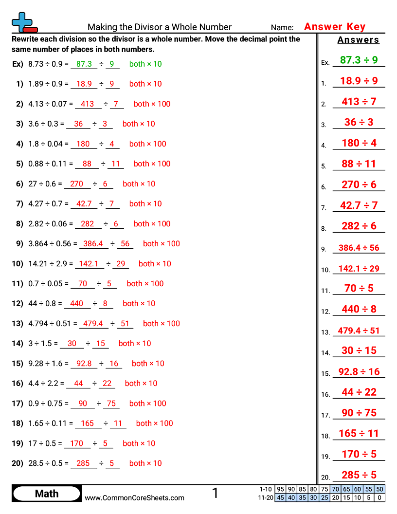 Decimal Worksheets - Making the Divisor a Whole Number worksheet