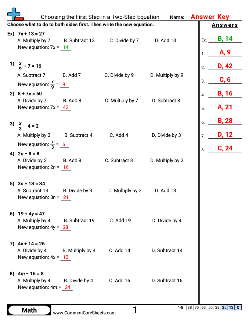 Choosing the First Step in a Two-Step Equation worksheet preview