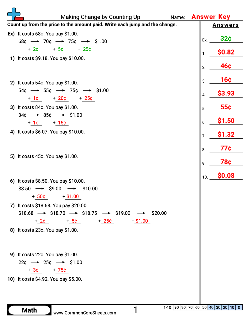 CCSS 4.MD.2 Worksheets - Making Change by Counting Up worksheet