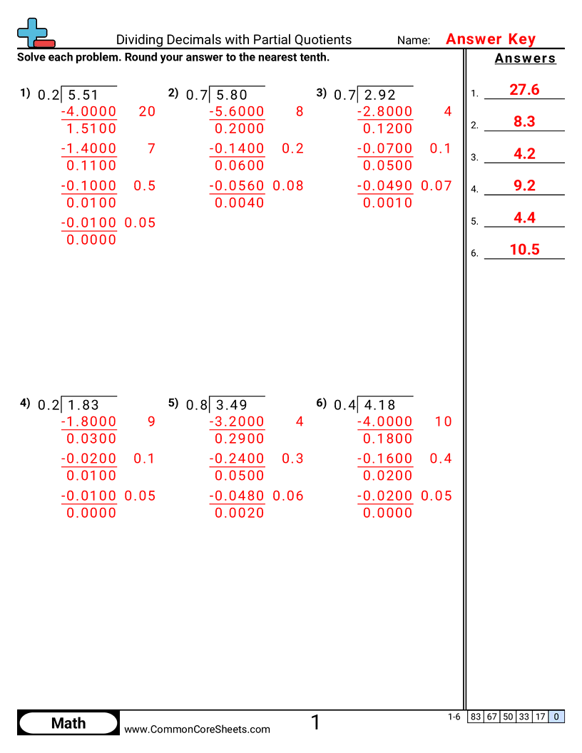 5.N.3.3 Worksheets - dividing-decimals-with-partial-quotients worksheet