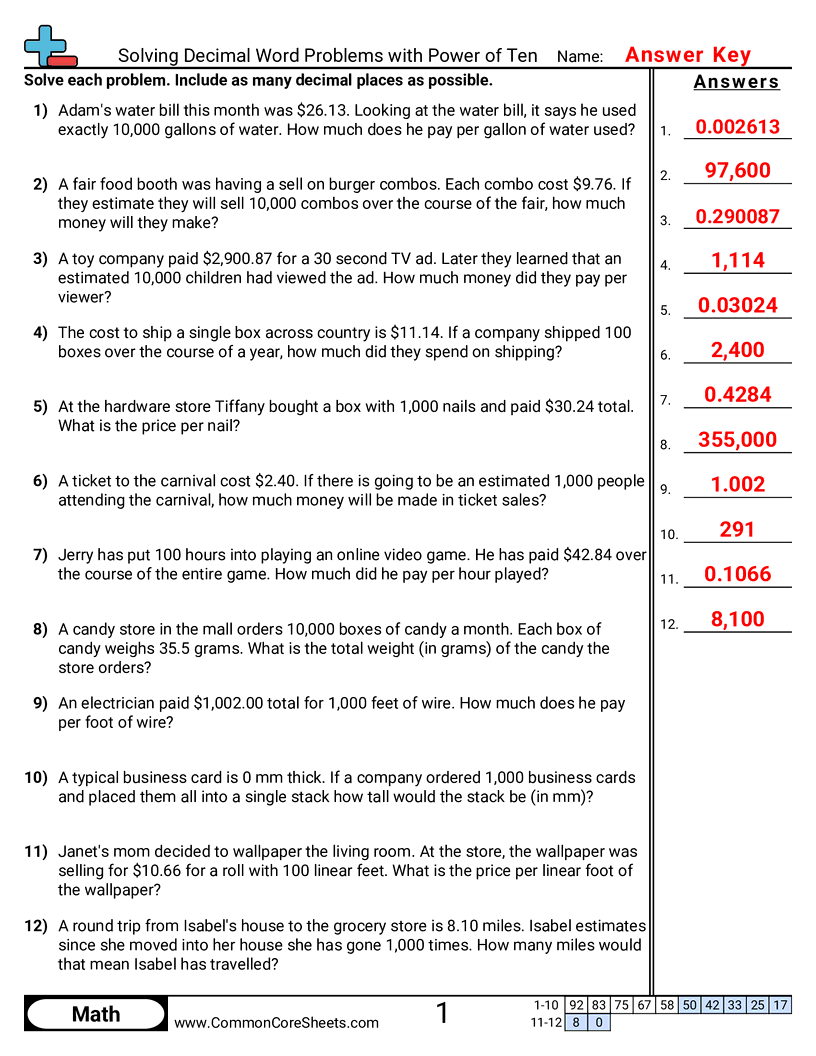 Share - solving-decimal-word-problems-with-power-of-ten worksheet