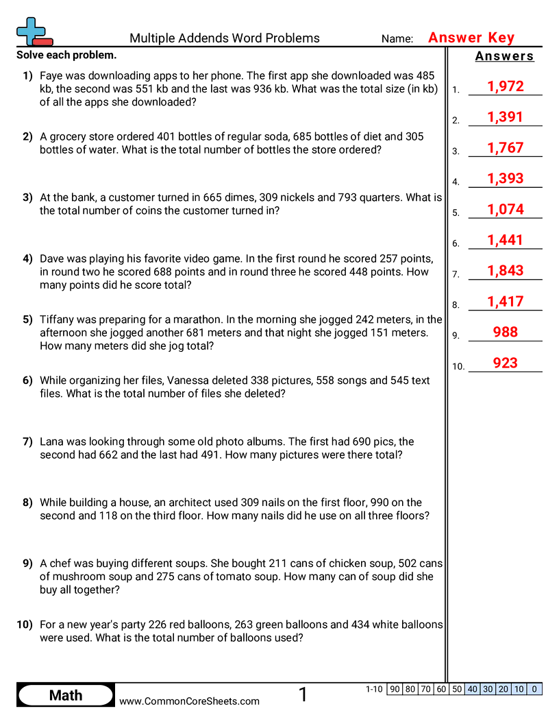 3rd Grade Addition Worksheets - multiple-addends-3-digits-word worksheet