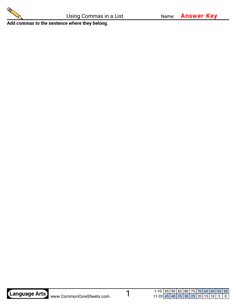 Using Commas in a List worksheet preview