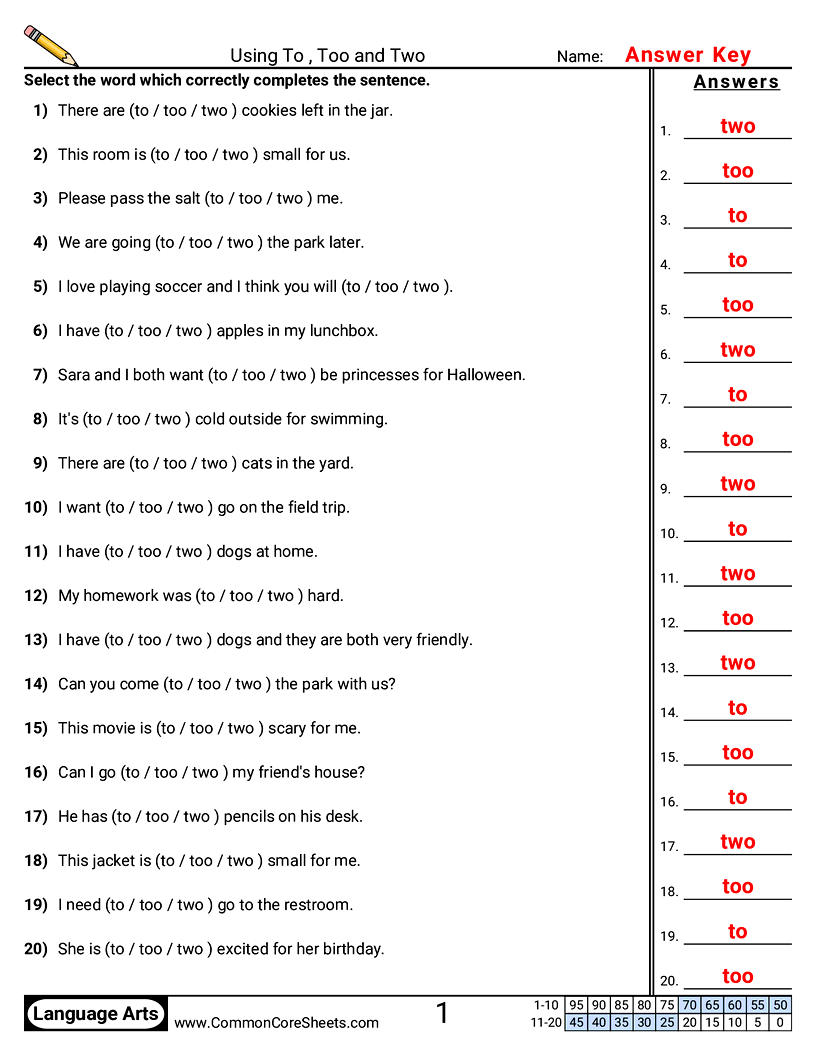 Using To, Too and Two worksheet preview
