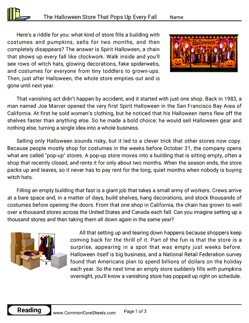 5th Grade 31 Days of Halloween Reading - The Halloween Store That Pops Up Every Fall worksheet