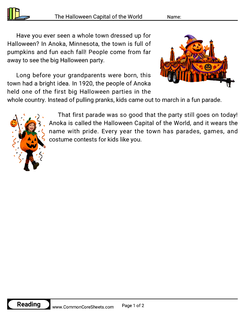 1st Grade 31 Days of Halloween Reading - The Halloween Capital of the World worksheet