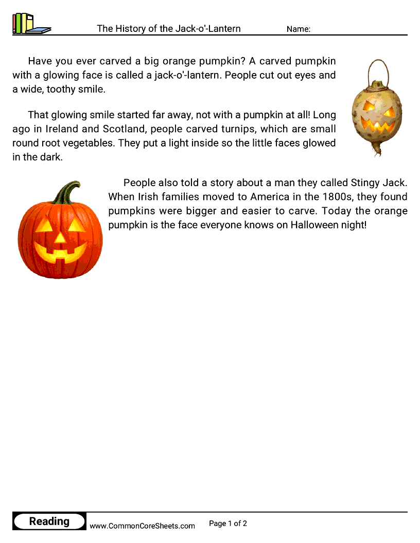 1st Grade 31 Days of Halloween Reading - The History of the Jack-o'-Lantern worksheet