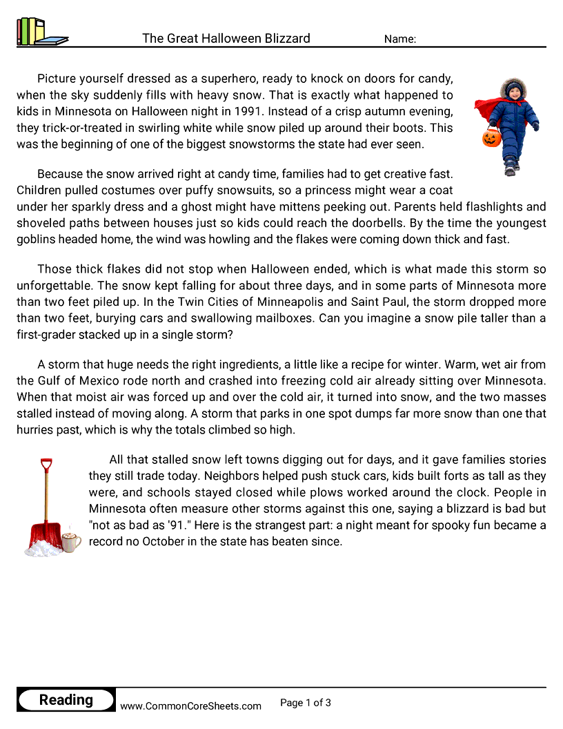5th Grade 31 Days of Halloween Reading - The Great Halloween Blizzard worksheet