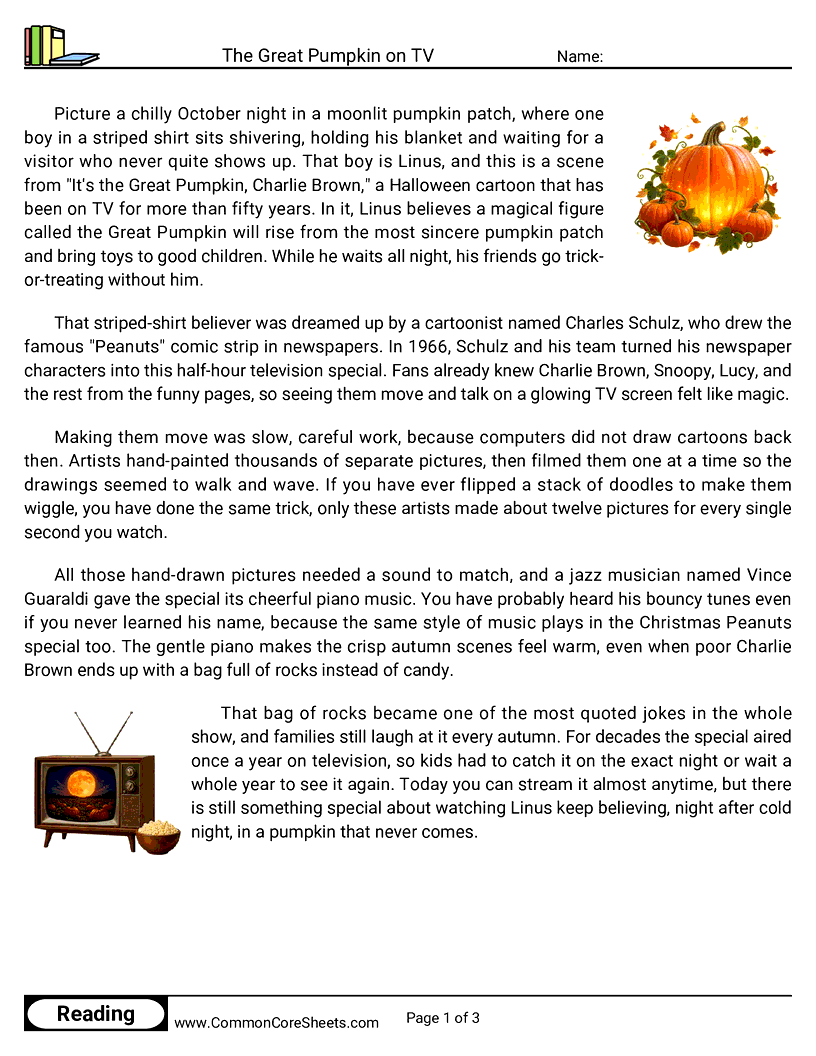 The Great Pumpkin on TV worksheet preview
