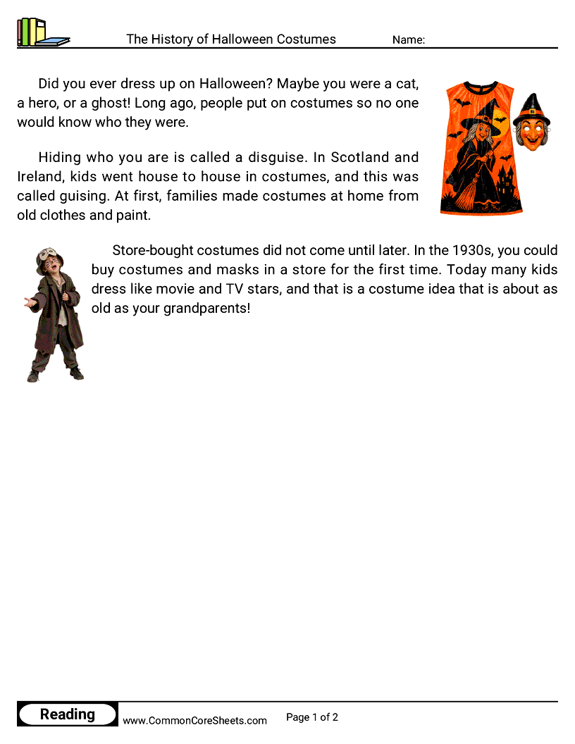 1st Grade 31 Days of Halloween Reading - The History of Halloween Costumes worksheet