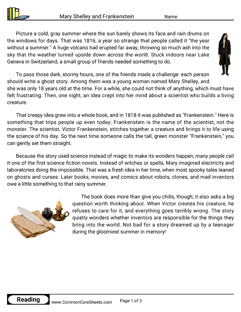 5th Grade 31 Days of Halloween Reading - Mary Shelley and Frankenstein worksheet