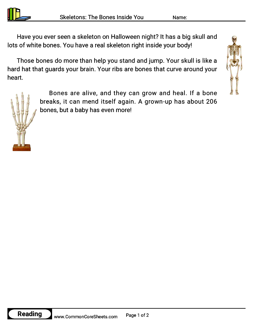 1st Grade 31 Days of Halloween Reading - Skeletons: The Bones Inside You worksheet