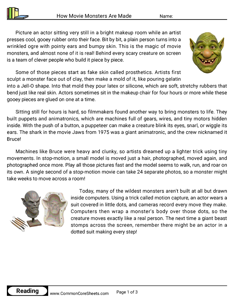 31 Days of Halloween Reading - How Movie Monsters Are Made worksheet