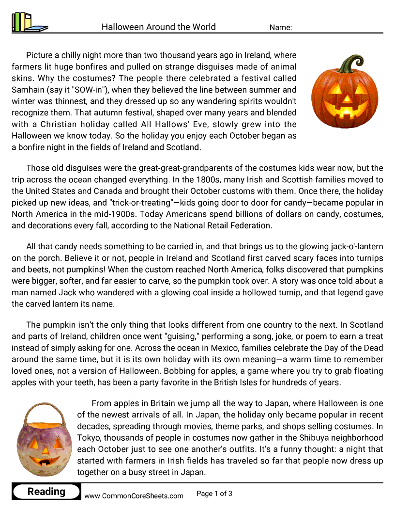 5th Grade 31 Days of Halloween Reading - Halloween Around the World worksheet