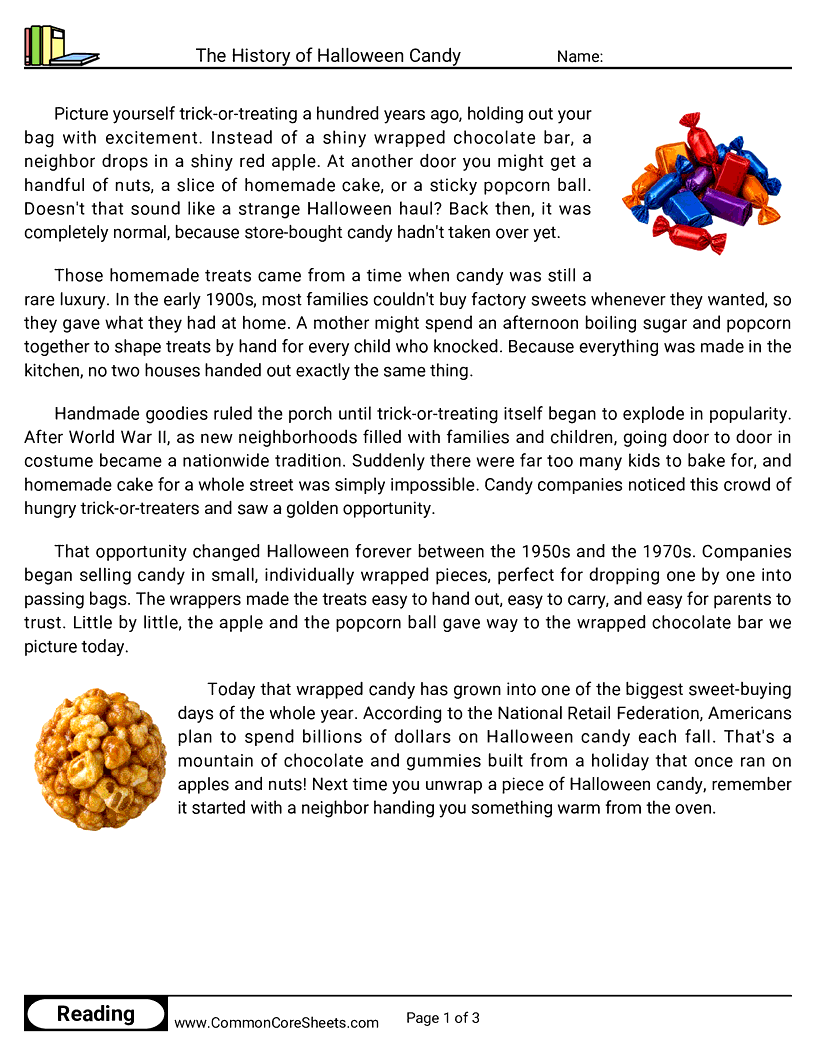 5th Grade 31 Days of Halloween Reading - The History of Halloween Candy worksheet
