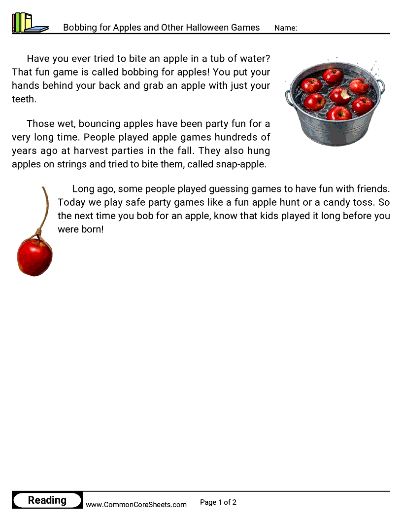 1st Grade 31 Days of Halloween Reading - Bobbing for Apples and Other Halloween Games worksheet