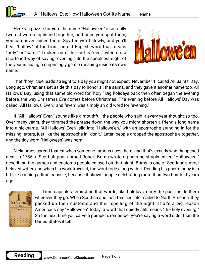 5th Grade 31 Days of Halloween Reading - All Hallows' Eve: How Halloween Got Its Name worksheet