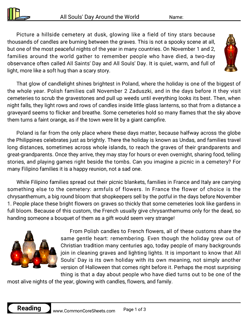 5th Grade 31 Days of Halloween Reading - All Souls' Day Around the World worksheet