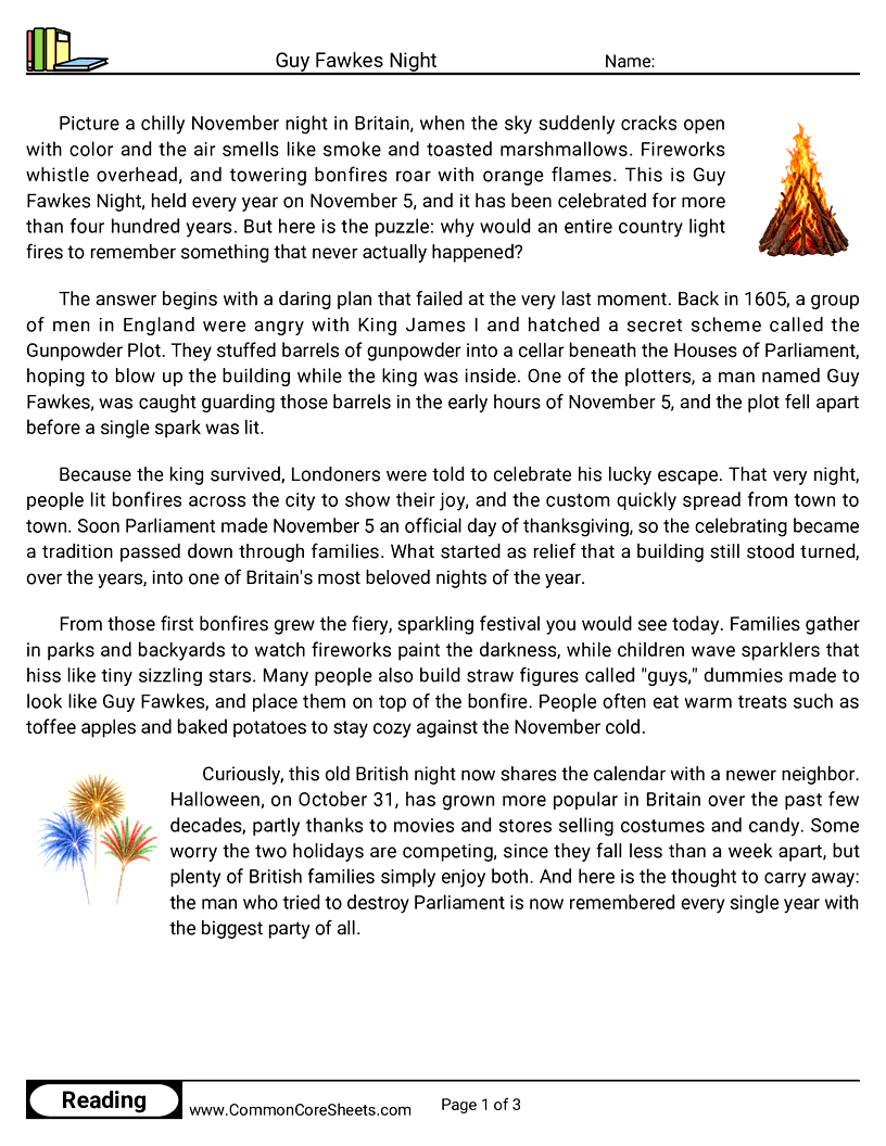 5th Grade 31 Days of Halloween Reading - Guy Fawkes Night worksheet
