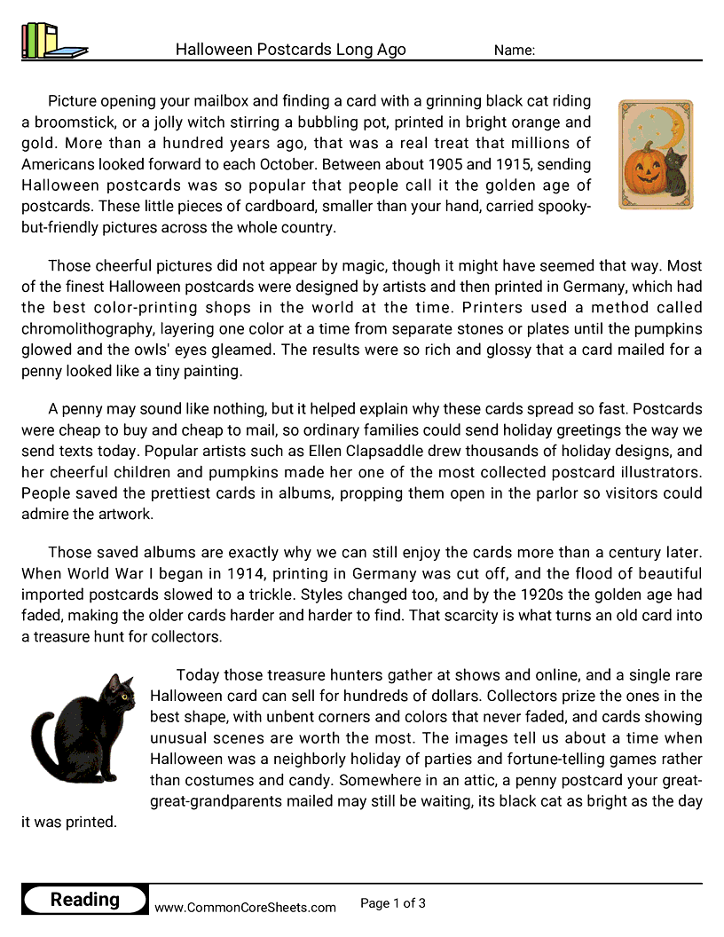 5th Grade 31 Days of Halloween Reading - Halloween Postcards Long Ago worksheet