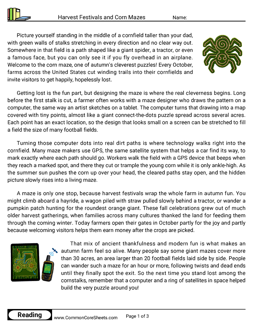 5th Grade 31 Days of Halloween Reading - Harvest Festivals and Corn Mazes worksheet