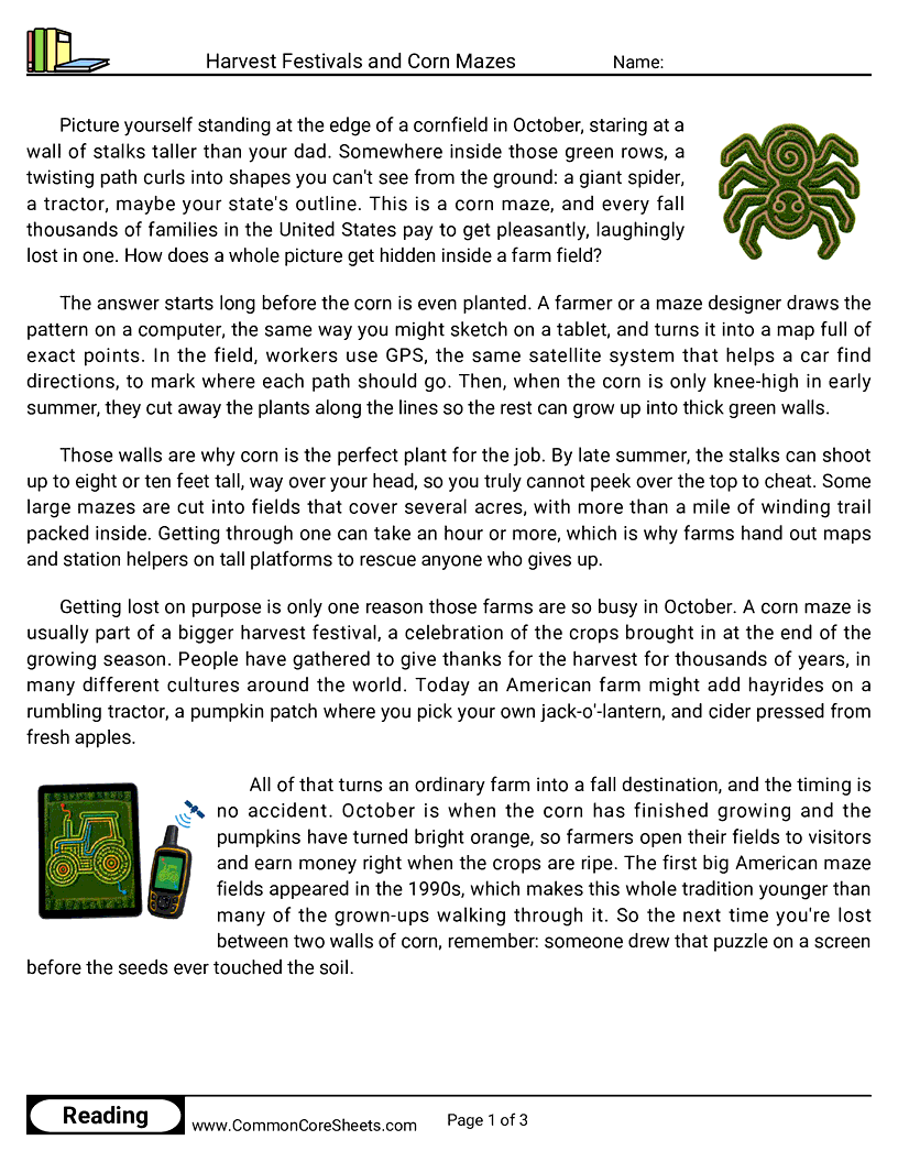 31 Days of Halloween Reading - Harvest Festivals and Corn Mazes worksheet
