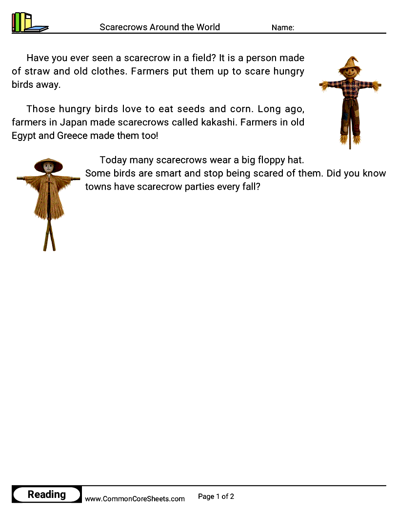1st Grade 31 Days of Halloween Reading - Scarecrows Around the World worksheet