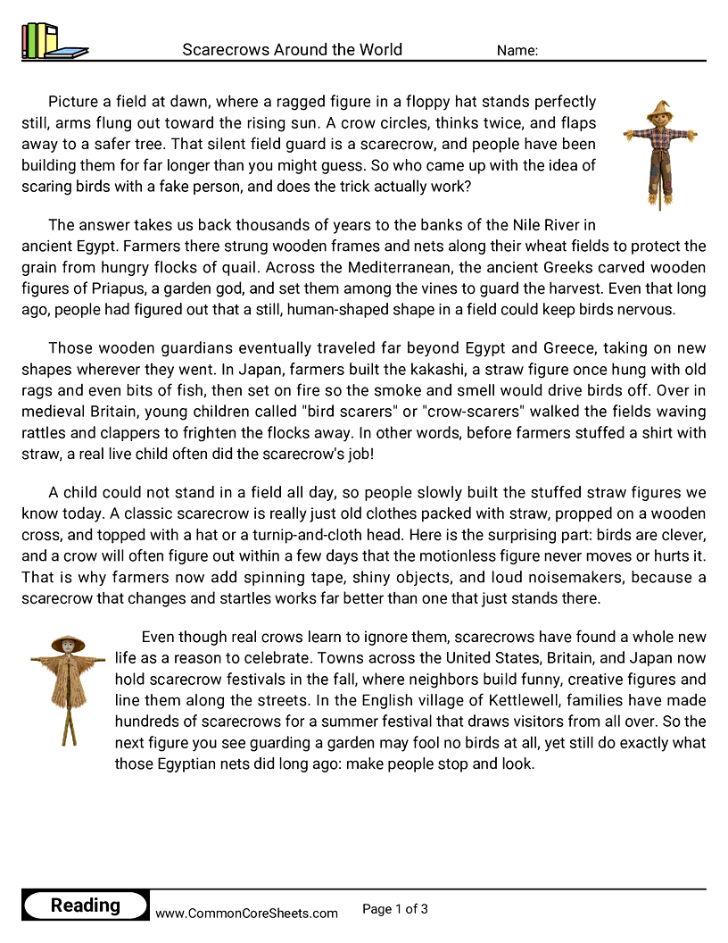5th Grade 31 Days of Halloween Reading - Scarecrows Around the World worksheet
